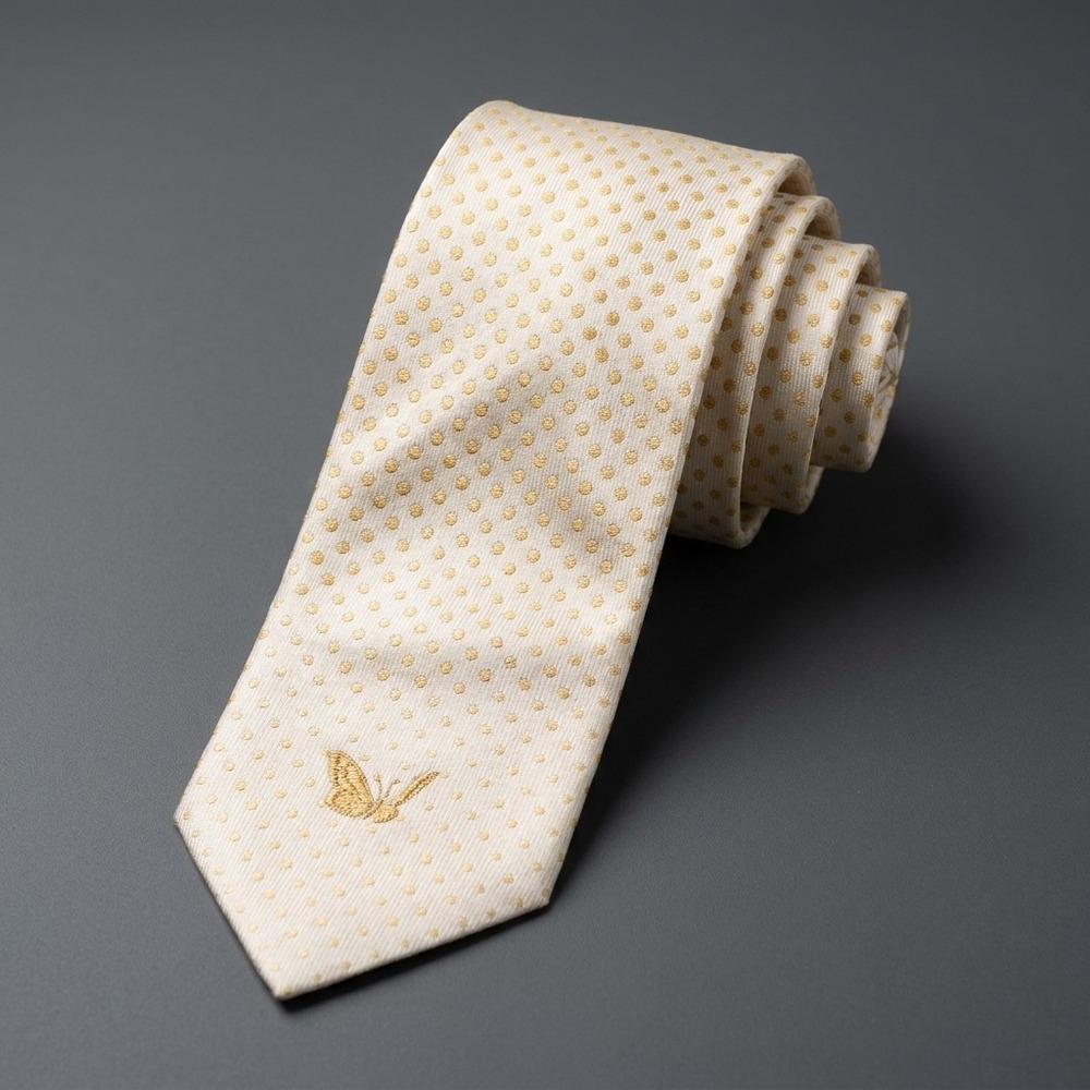 LEEUM Men Necktie OS Cream Gold Silk Blend Polka Dot Butterfly Luxury Formal